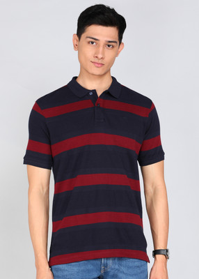 PETER ENGLAND Striped Men Polo Neck Blue T-Shirt