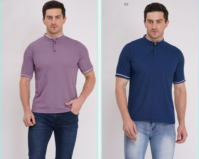 Pavis Solid Men Mandarin Collar Purple, Blue T-Shirt