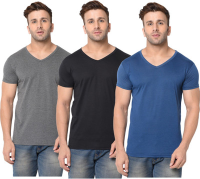 JB Jagoboy Solid Men V Neck Dark Blue, Black, Grey T-Shirt