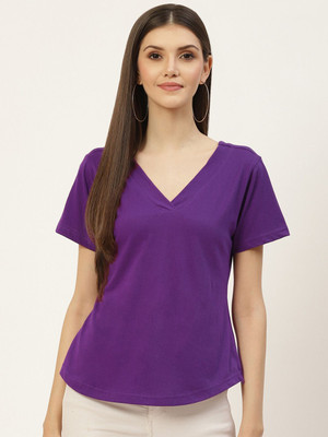 BRINNS Solid Women V Neck Purple T-Shirt