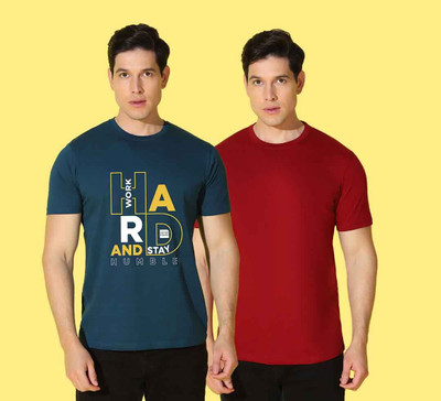 WOOSTRO Typography Men Round Neck Blue, Maroon T-Shirt
