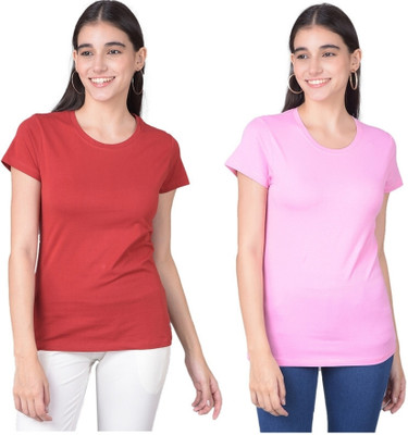 Comfort Lady Solid Women Round Neck Pink, Maroon T-Shirt