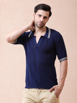 NOQUO Self Design Men Polo Neck Dark Blue T-Shirt