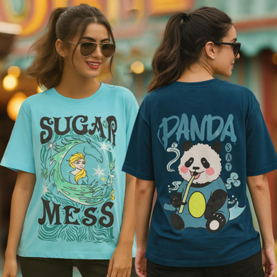 Fabflee Printed Women Round Neck Multicolor T-Shirt