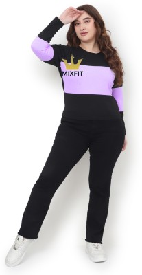 MIXFIT Solid Women Cowl Neck Purple, Black T-Shirt