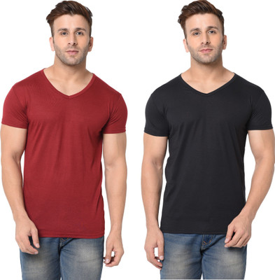 Tresna Fab Solid Men V Neck Maroon, Black T-Shirt