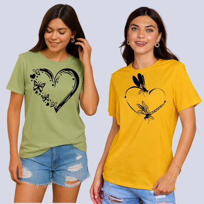 Lecowar Graphic Print Women Round Neck Green, Yellow T-Shirt