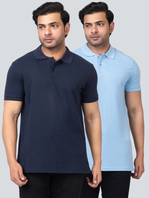 Pyro Spirit Solid Men Polo Neck Navy Blue, Light Blue T-Shirt