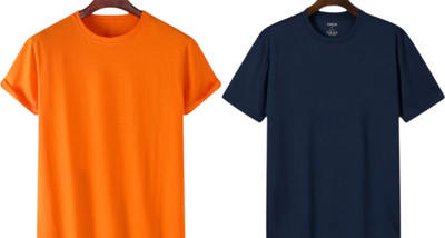 P collection Solid Men Round Neck Orange, Navy Blue T-Shirt