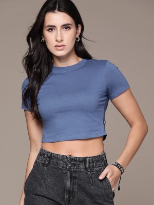 Roadster Solid Women Round Neck Blue T-Shirt