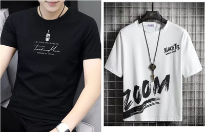 TEE TREE Printed Men Round Neck Black, White T-Shirt