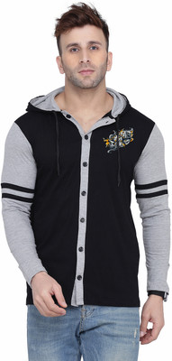 Money Leaf Printed Men Hooded Neck Black, Grey T-Shirt