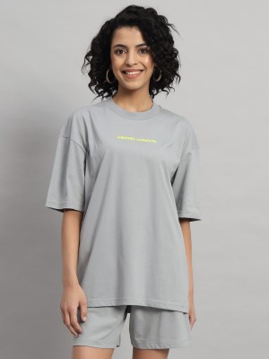 GRIFFEL Self Design Women Round Neck Grey T-Shirt