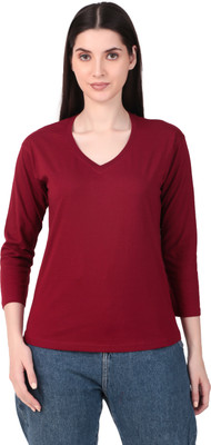 Sundish Solid Women V Neck Maroon T-Shirt