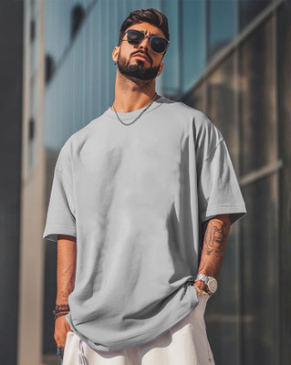 AOOSH Solid Men Round Neck Grey T-Shirt