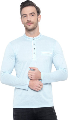 Moordale Fab Solid Men Mandarin Collar Blue T-Shirt