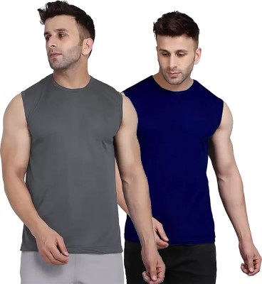 Think Tech Solid Men Round Neck Grey, Dark Blue T-Shirt