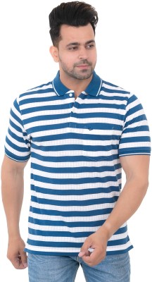 Embro Striped Men Polo Neck Blue T-Shirt
