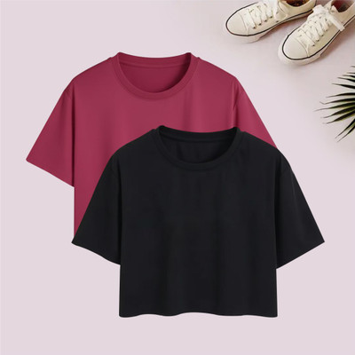 PopShino Solid Women Round Neck Pink, Black T-Shirt