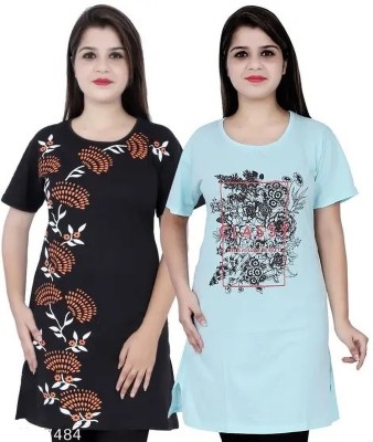 BG ONLINE Printed Women Round Neck Black, Light Blue T-Shirt