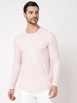 ROOKIES Solid Men Round Neck Pink T-Shirt