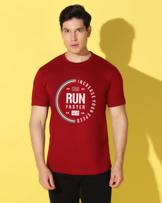 WOOSTRO Printed Men Round Neck Maroon T-Shirt