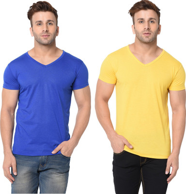JB Jangoboy Solid Men V Neck Blue, Yellow T-Shirt