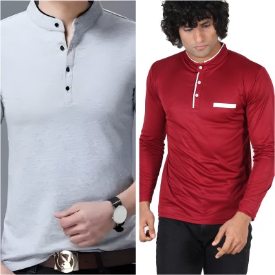 Meetri Solid Men Henley Neck Grey, Red T-Shirt