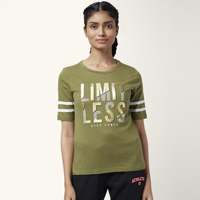 Ajile By Pantaloons Typography Women Round Neck Green T-Shirt