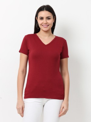 Wafaa Solid Women V Neck Maroon T-Shirt