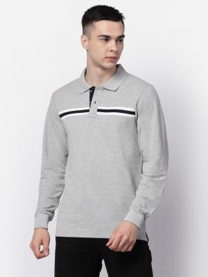 KALT Striped Men Polo Neck Grey T-Shirt