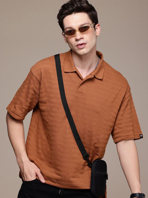 WROGN Striped Men Polo Neck Brown T-Shirt