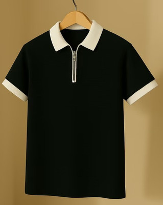 CrisPet Solid, Self Design Men Zip Neck Black T-Shirt
