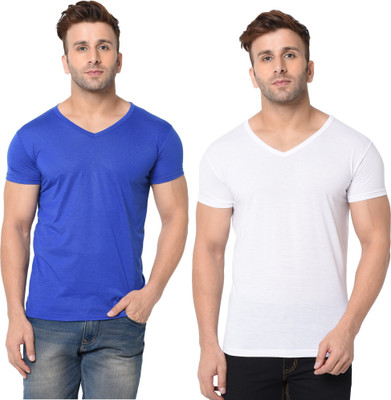 Tresna Fab Solid Men V Neck White, Blue T-Shirt