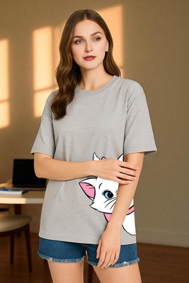 Elvia Printed Women Round Neck Grey T-Shirt