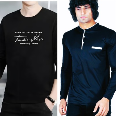 TEE TREE Printed Men Henley Neck Black, Navy Blue T-Shirt