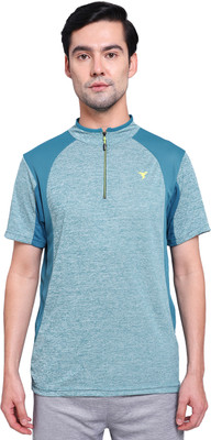 TECHNOSPORT Solid Men Mandarin Collar Blue T-Shirt