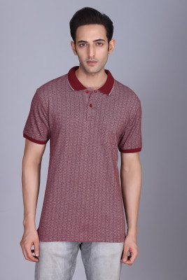 Harbor N Bay Printed Men Polo Neck Maroon T-Shirt