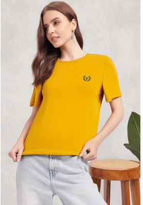 MACK JONNEY Printed Women Round Neck Yellow T-Shirt