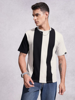 WROGN Striped Men Round Neck Grey T-Shirt
