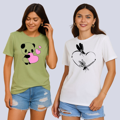 Lecowar Printed Women Round Neck Green, White T-Shirt