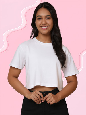 FRISKERS Solid Women Round Neck White T-Shirt