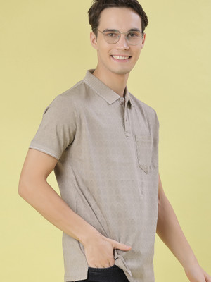V-MART Self Design Men Polo Neck Beige T-Shirt