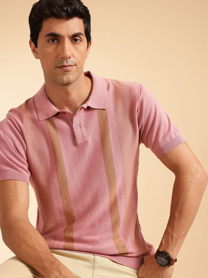 French Connection Self Design Men Polo Neck Pink T-Shirt