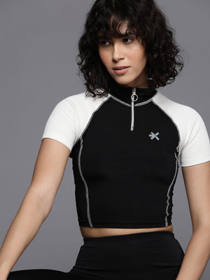 HRX by Hrithik Roshan Printed Women Zip Neck Black T-Shirt
