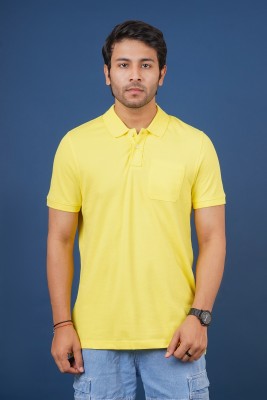 Hopping Deer on Redline Solid Men Polo Neck Yellow T-Shirt