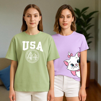 Elvia Printed Women Round Neck Purple, Light Green T-Shirt