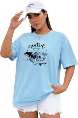 FLUFFYY ENTERPRISE Printed Women Round Neck Light Blue T-Shirt