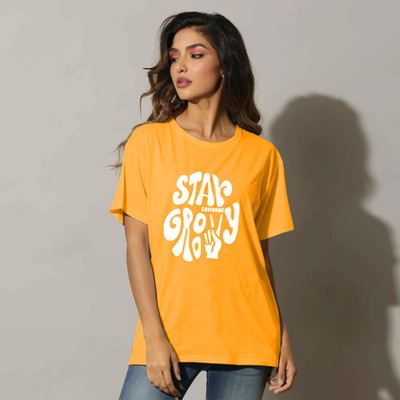 etsun Typography Women Round Neck Yellow T-Shirt