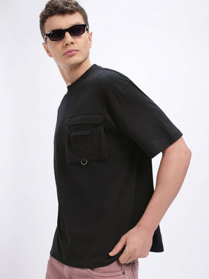 Glitchez Solid Men Round Neck Black T-Shirt